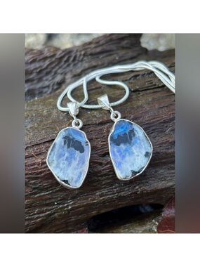 Rare Blue-Flash Moonstone & Black Tourmaline Slab Pendants Matched Set 925 Chain